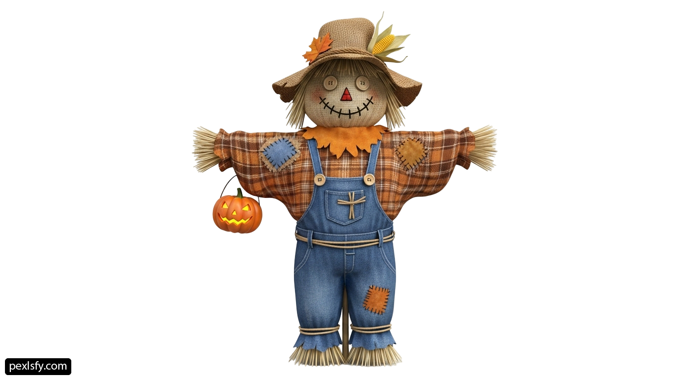 Scarecrow holding a pumpkin in his hand png transparent background