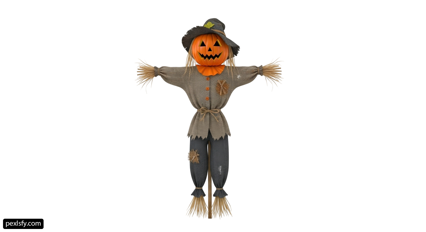 Scarecrow with a hat and a pumpkin on his head png transparent background
