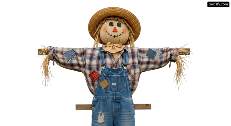 Scarecrow with a straw hat and overalls png transparent background