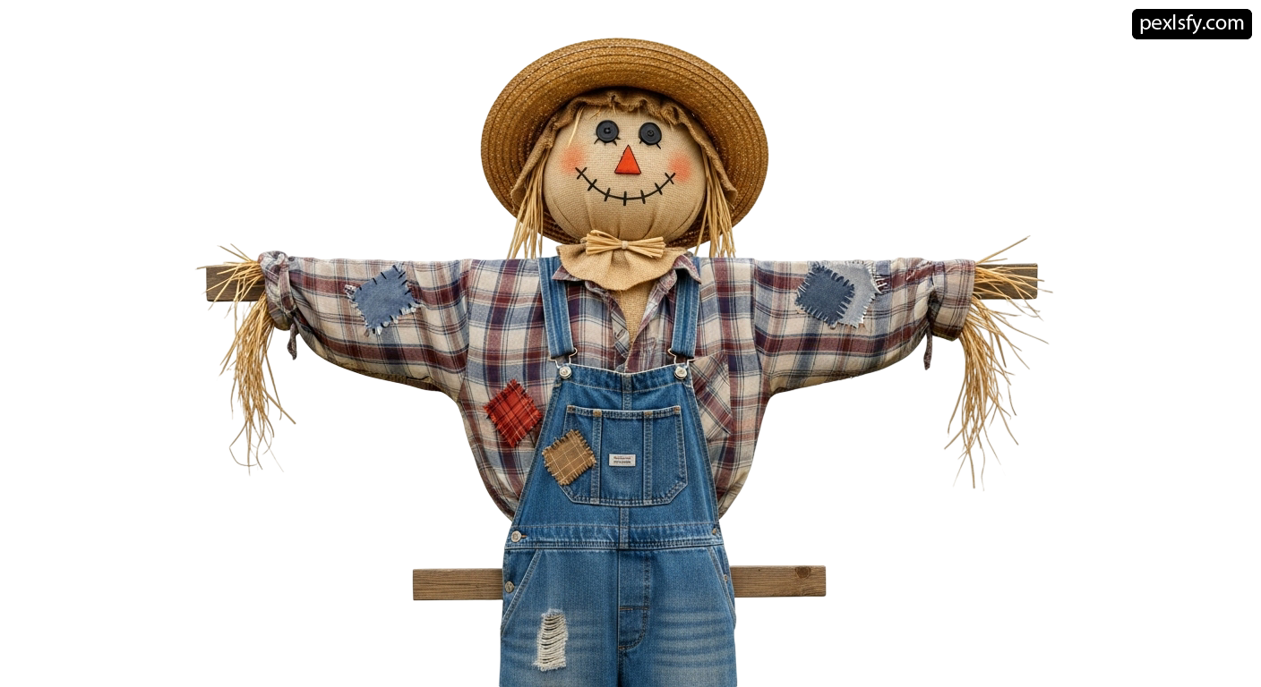 Scarecrow with a straw hat and overalls png transparent background