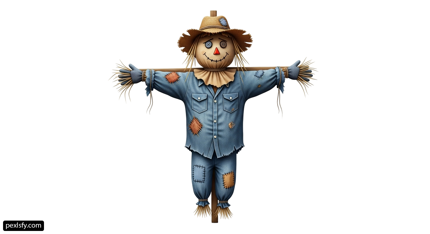 Scarecrow with a straw hat and blue overalls png transparent background