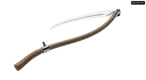 Scythe with a wooden handle on a white background png transparent background