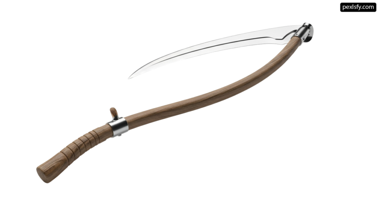 Scythe with a wooden handle on a white background png transparent background