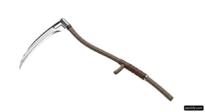 Scythe with a wooden handle on a white background png transparent background
