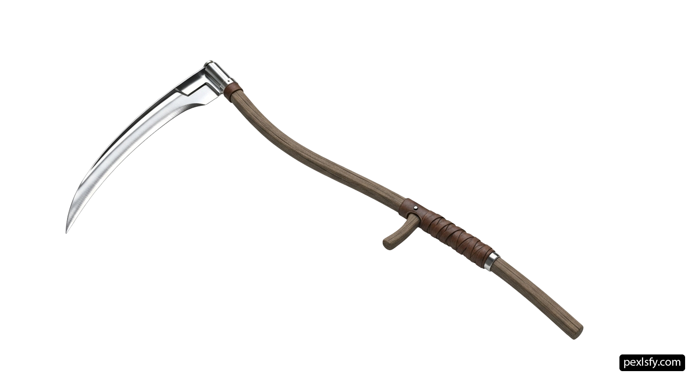 Scythe with a wooden handle on a white background png transparent background