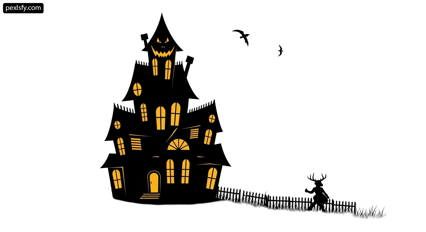 Silhouette of a haunted house with a deer and bats png transparent background