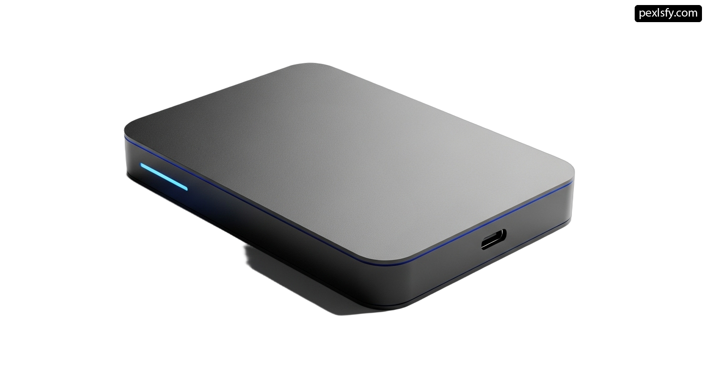Silver and blue external hard drive sitting on top of a white surface png transparent background
