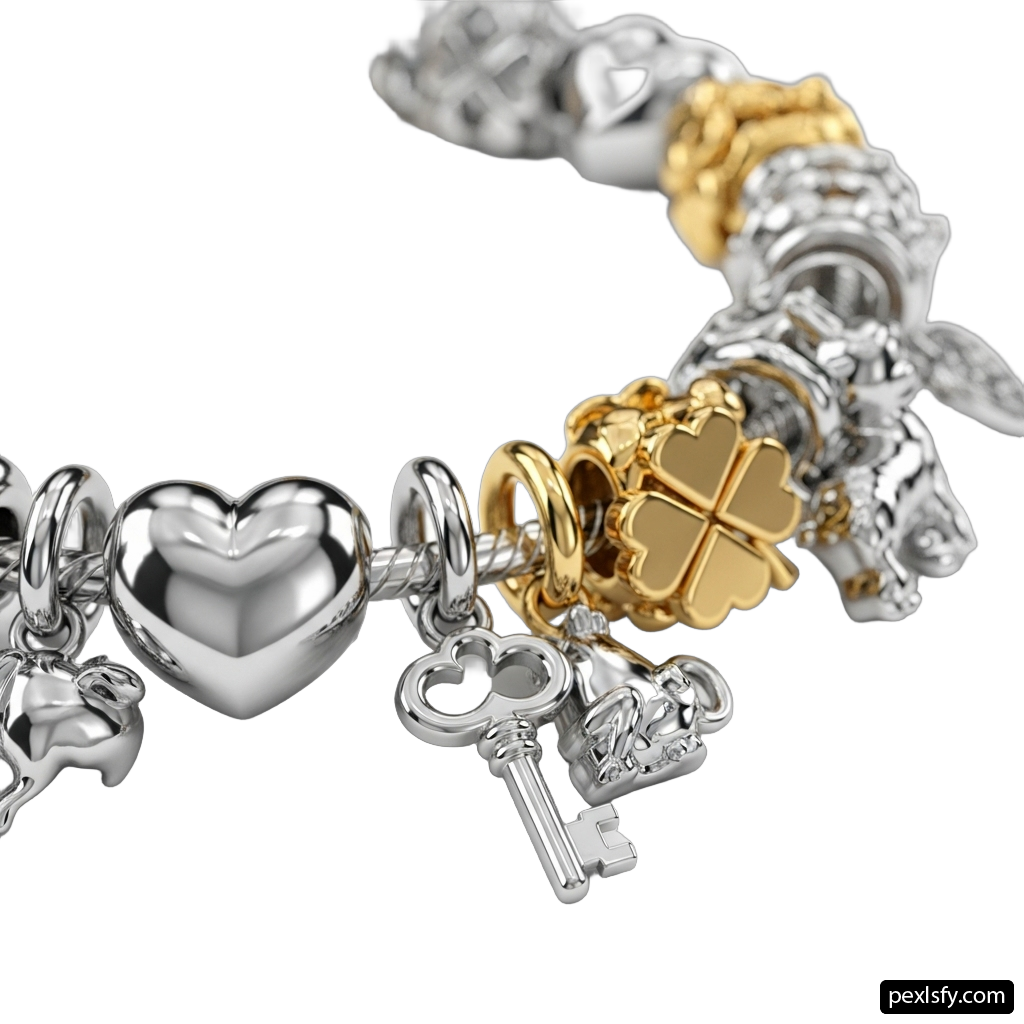 Silver and gold bracelet with charms and a key png transparent background