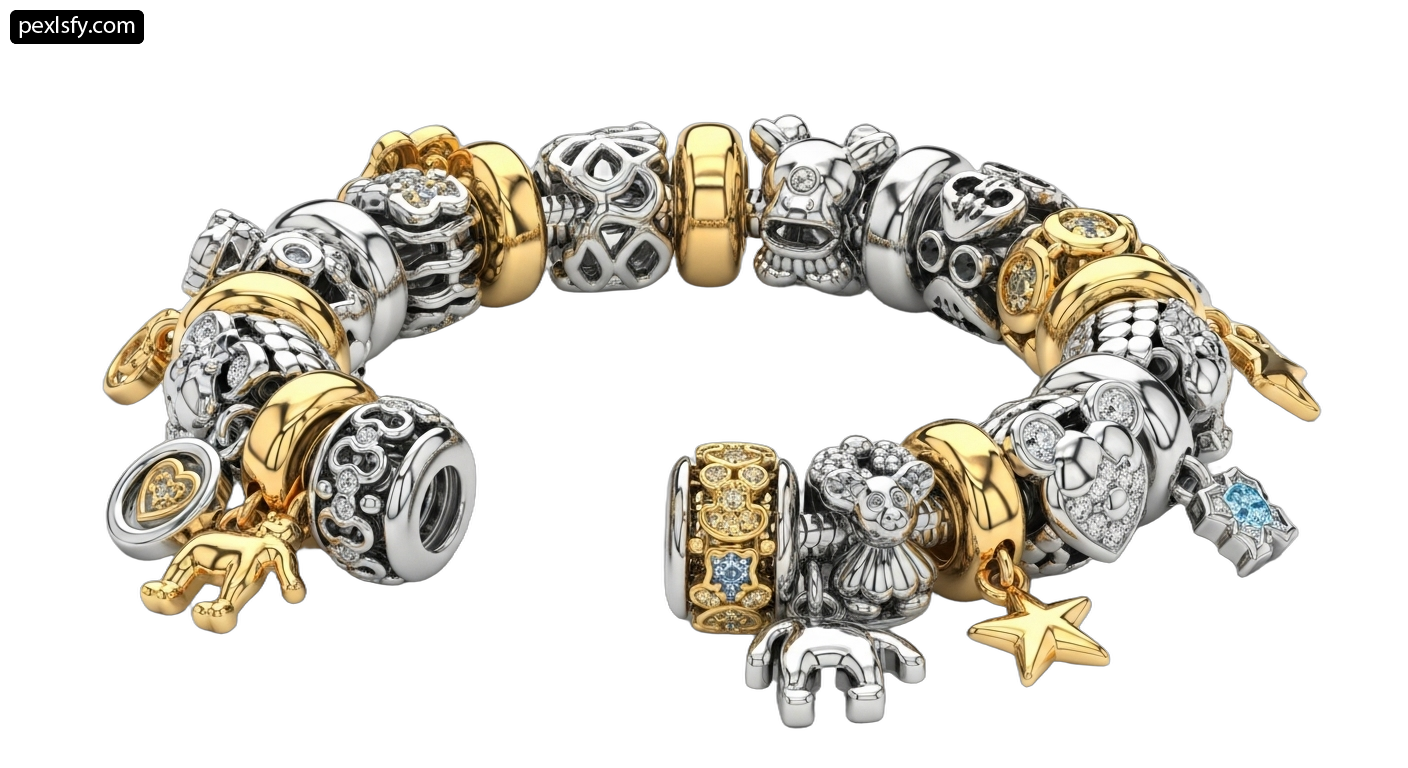 Silver and gold bracelet with charms on it png transparent background