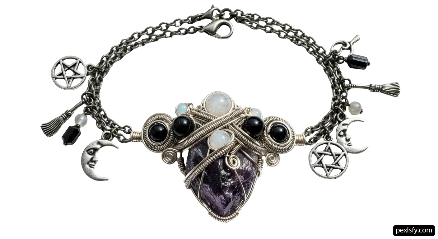 Silver bracelet with a purple stone and black beads png transparent background