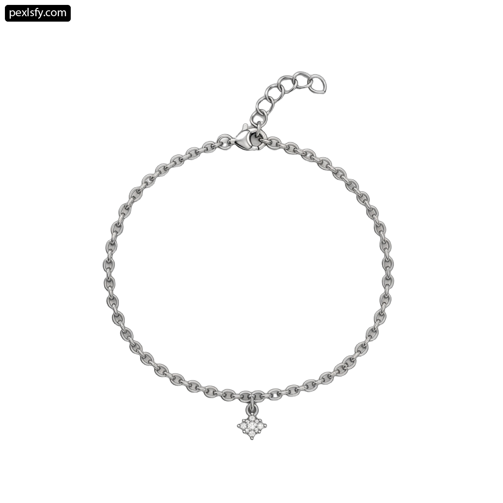 Silver bracelet with a small diamond on a chain png transparent background