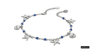 Silver bracelet with blue beads and charms png transparent background