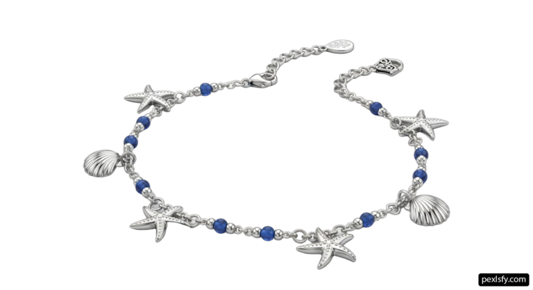 Silver bracelet with blue beads and charms png transparent background