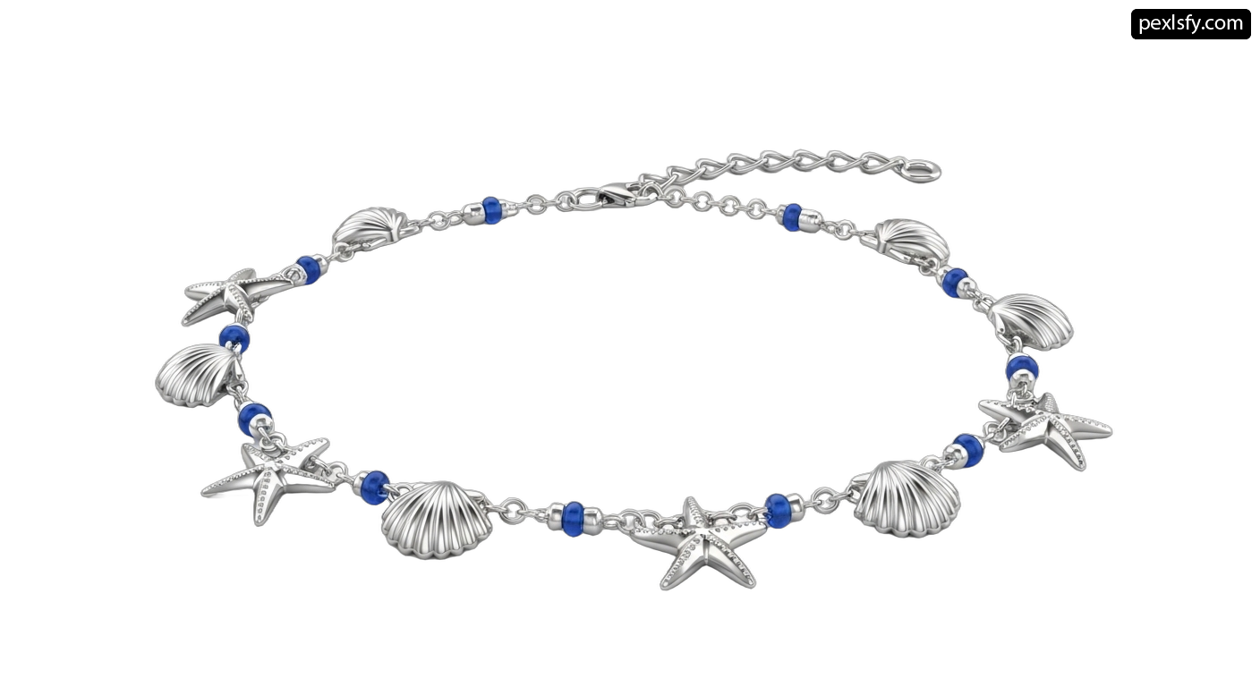 Silver bracelet with blue beads and starfish charms png transparent background