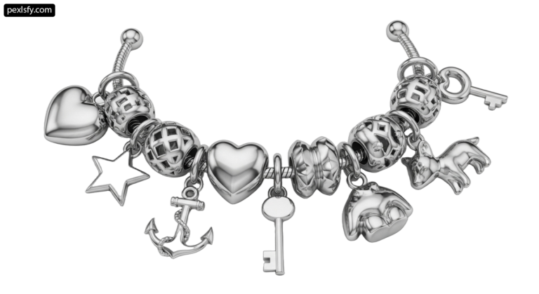 Silver bracelet with charms and a key png transparent background