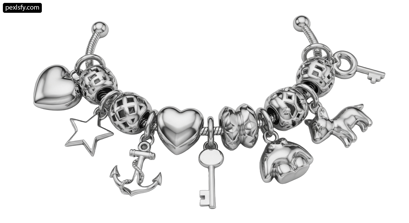Silver bracelet with charms and a key png transparent background