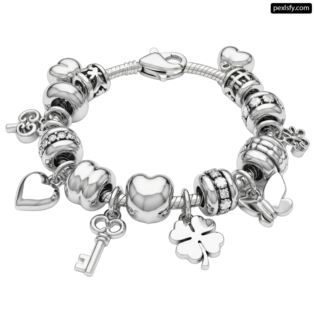 Silver bracelet with charms and a key png transparent background