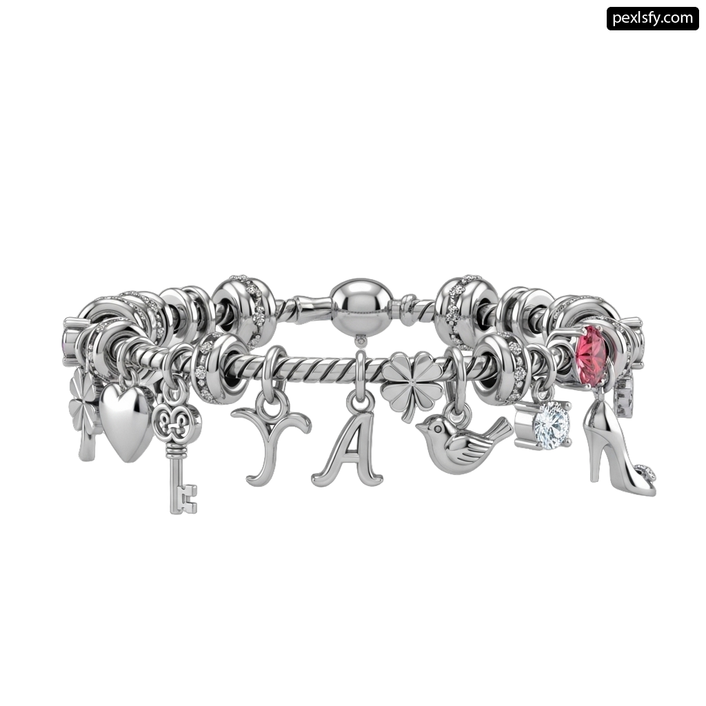 Silver bracelet with charms and charms on it png transparent background