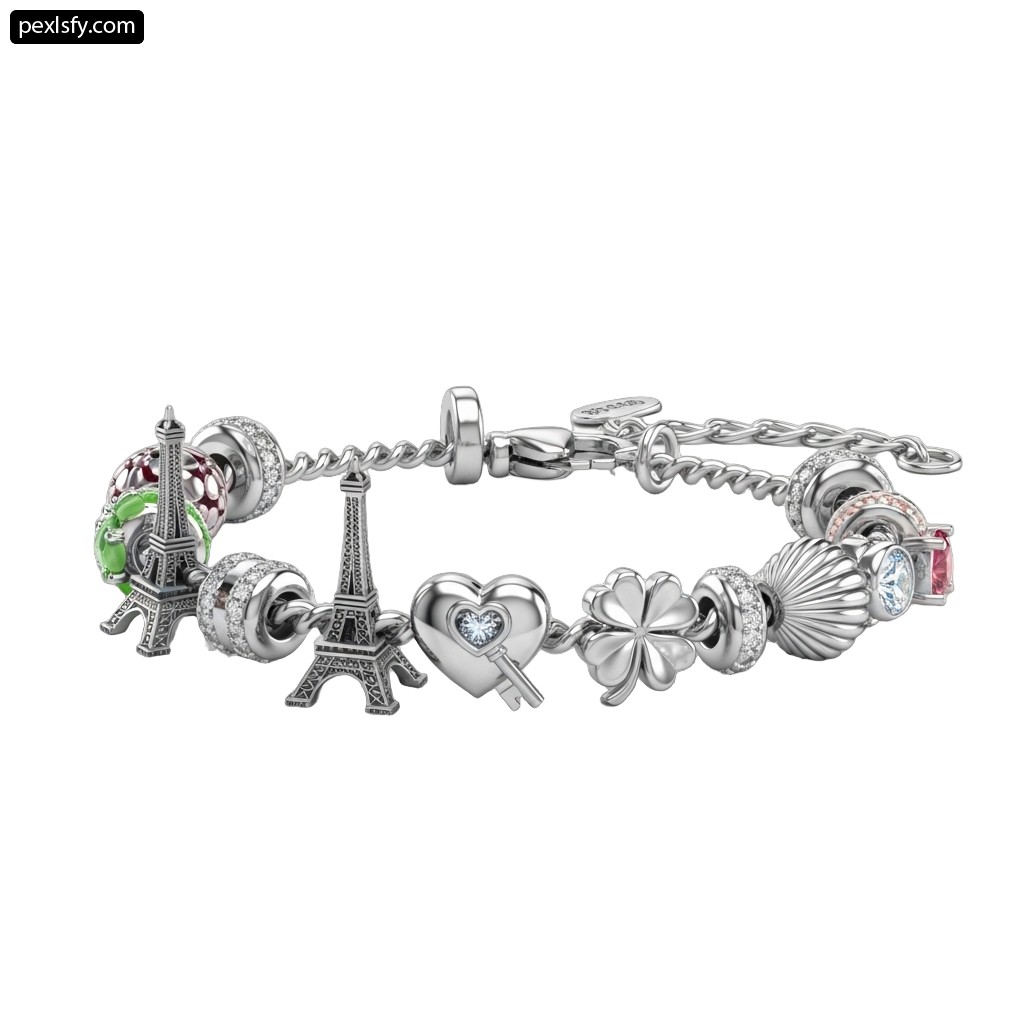Silver bracelet with charms and charms on it png transparent background
