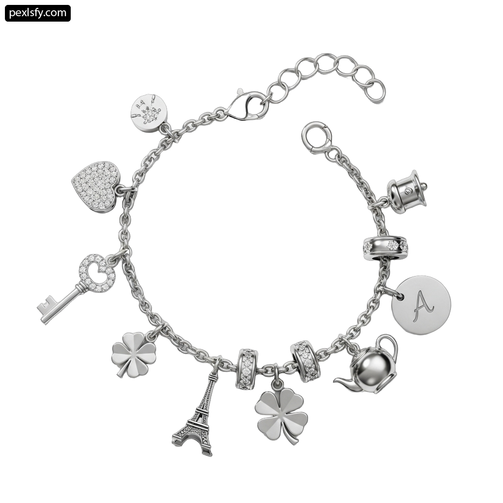 Silver bracelet with charms and charms on it png transparent background