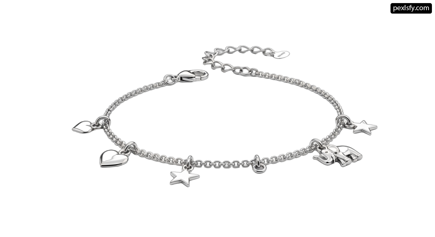 Silver bracelet with charms on a chain png transparent background