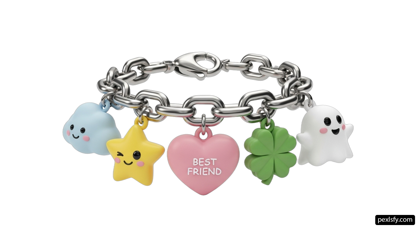 Silver bracelet with four different charms on it png transparent background
