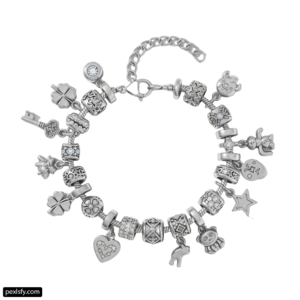 Silver bracelet with many charms on it png transparent background