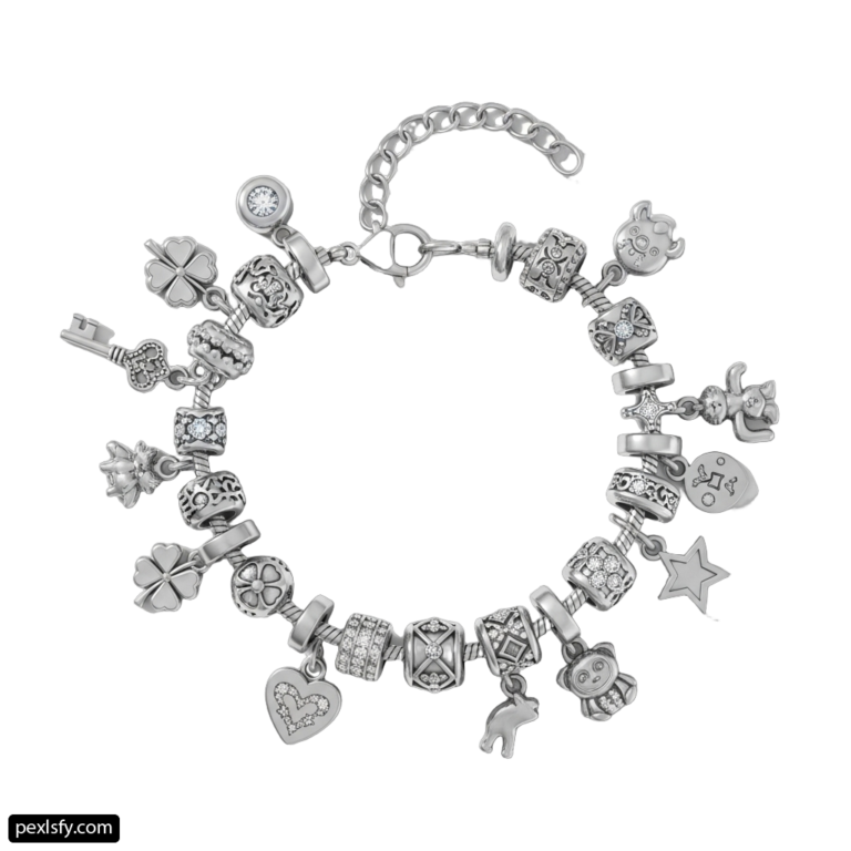 Silver bracelet with many charms on it png transparent background