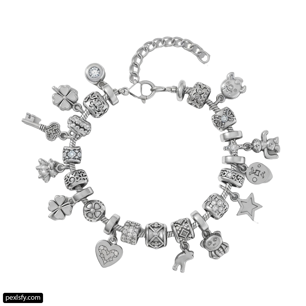 Silver bracelet with many charms on it png transparent background
