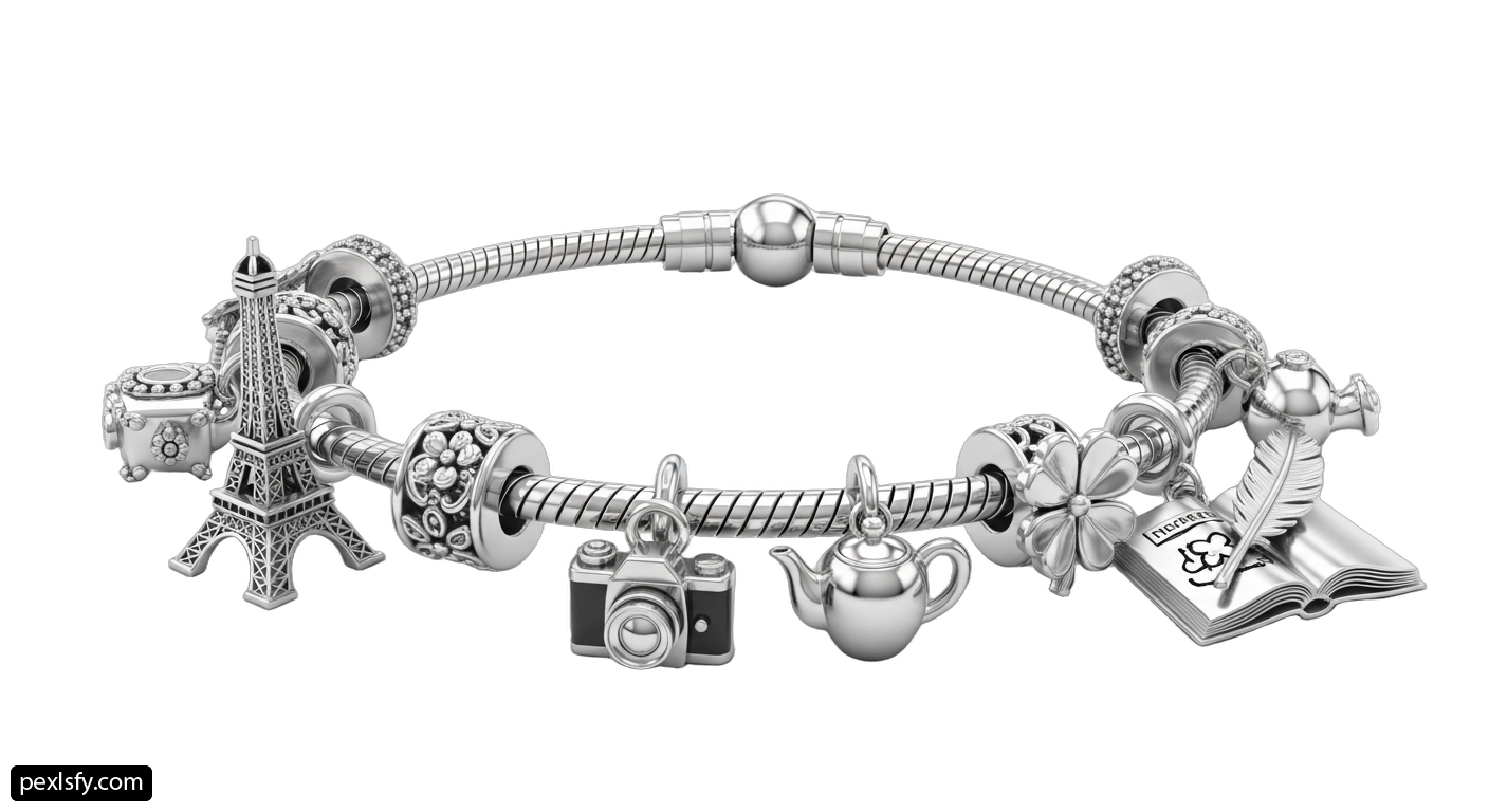 Silver bracelet with various charms on it png transparent background