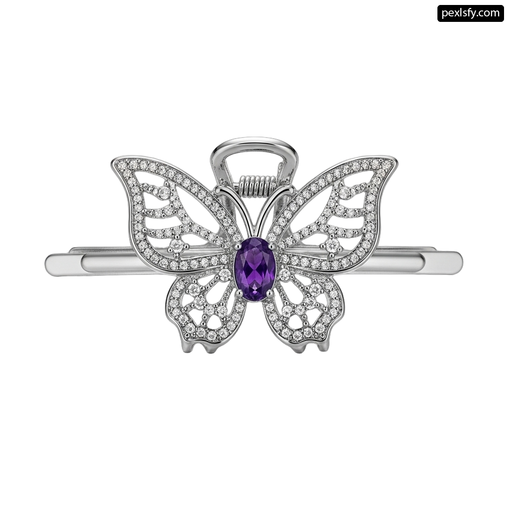 Silver butterfly brooch with an amethyst and diamonds png transparent background