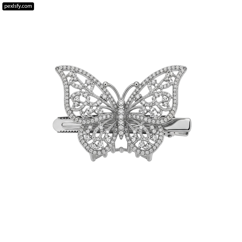 Silver butterfly brooch with diamonds on a white background png transparent background