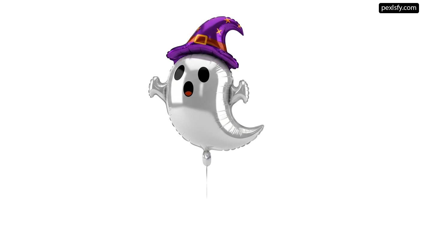 Silver foil balloon with a purple witch hat on it png transparent background