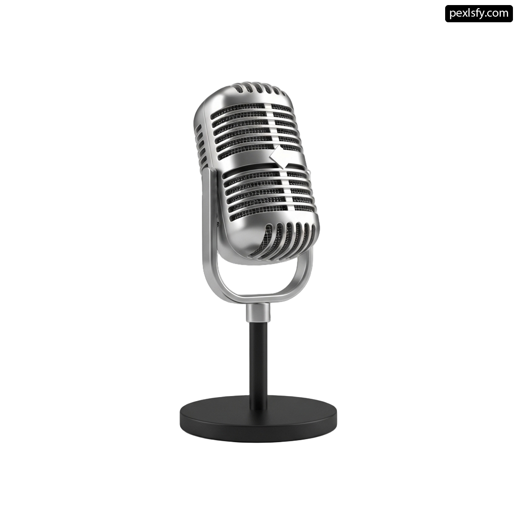 Silver microphone on a black stand png transparent background