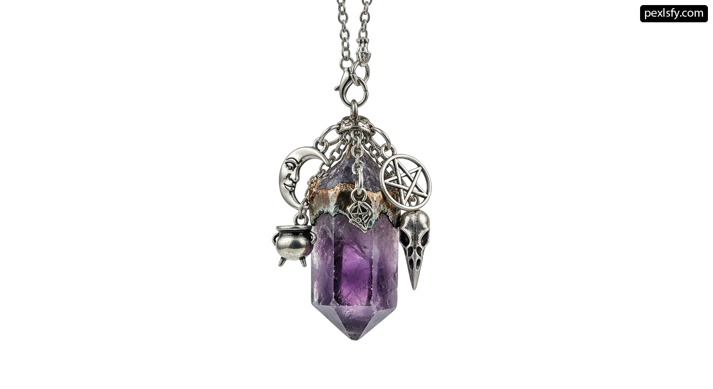 Silver necklace with a purple stone and a pentagram png transparent background