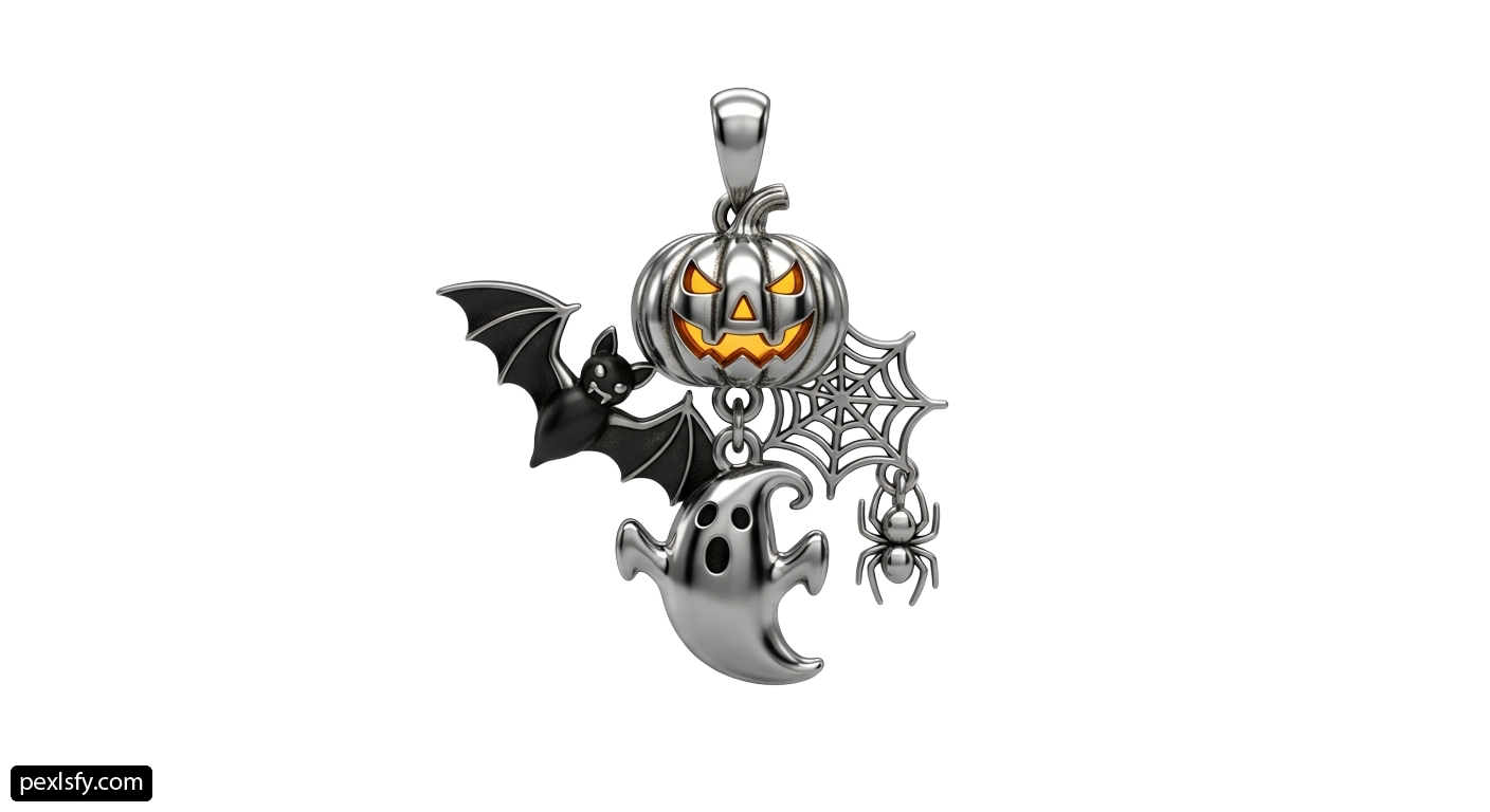 Silver pendant with a halloween pumpkin and a bat png transparent background