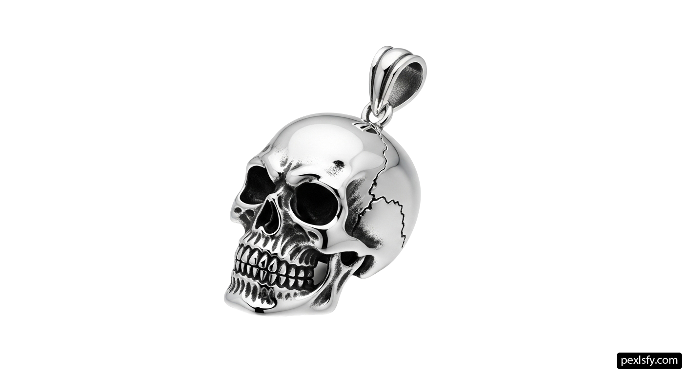 Silver skull pendant on a white background png transparent background