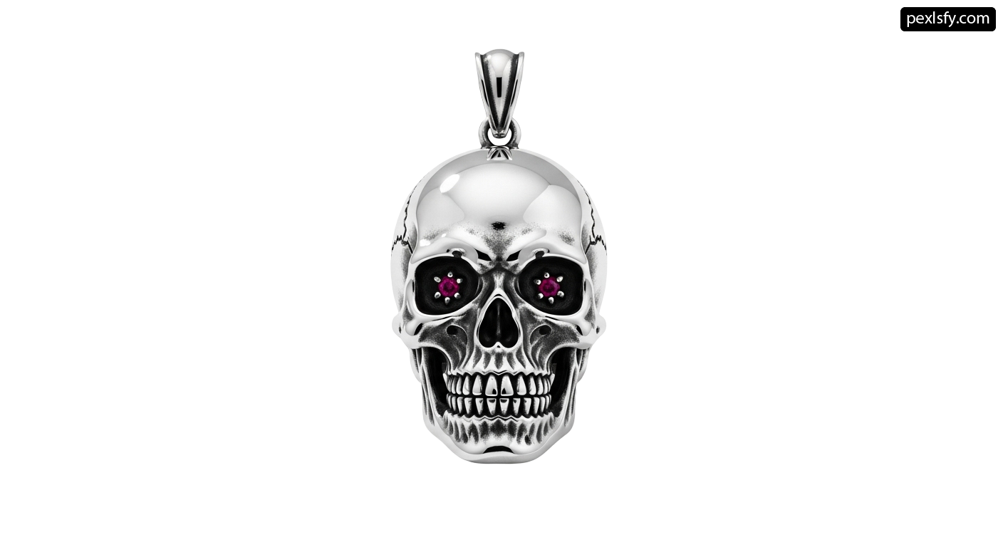 Silver skull pendant with ruby eyes on a white background png transparent background