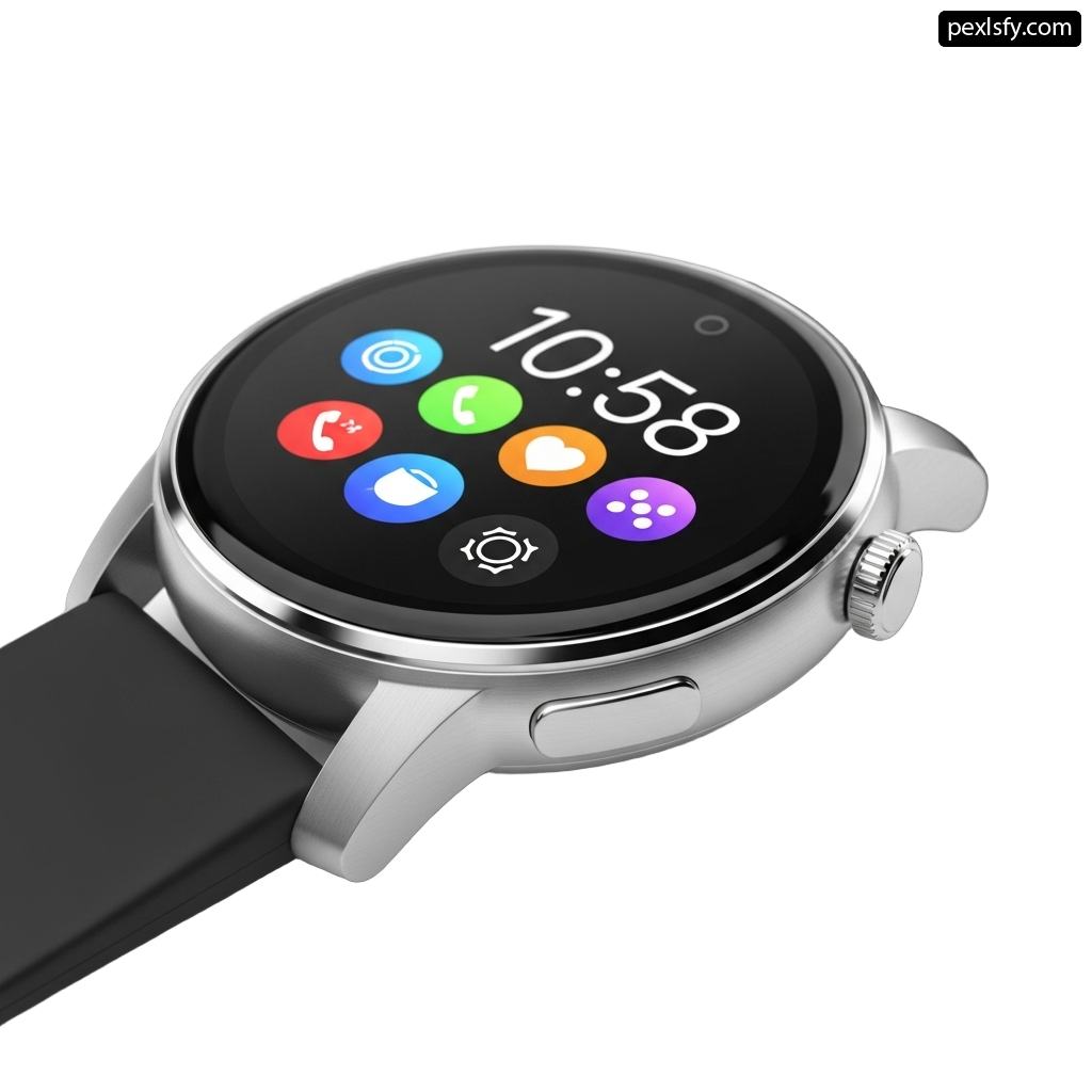 Silver smart watch with a black band png transparent background