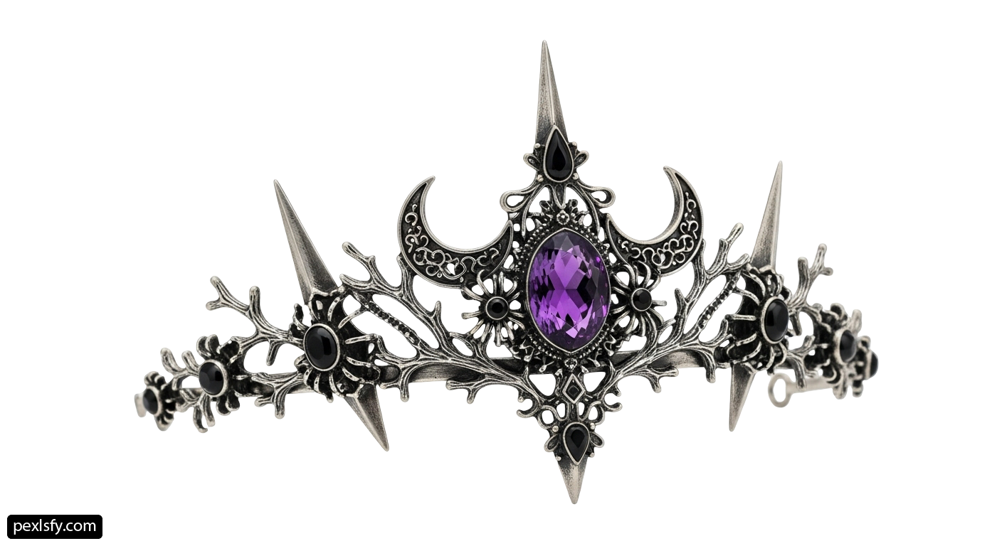 Silver tia with a purple stone in the center png transparent background