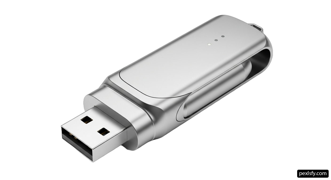 Silver usb stick with a white background png transparent background