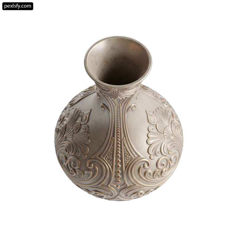 Silver vase sitting on top of a white surface png transparent background