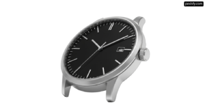 Silver watch with a black face on a white background png transparent background