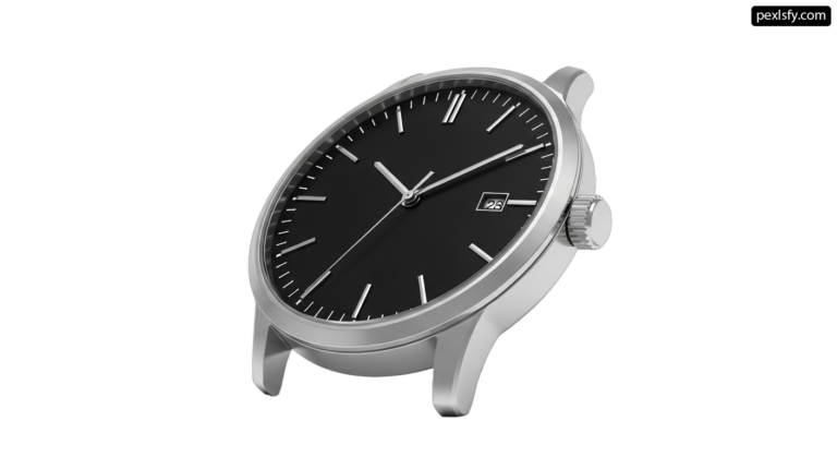 Silver watch with a black face on a white background png transparent background