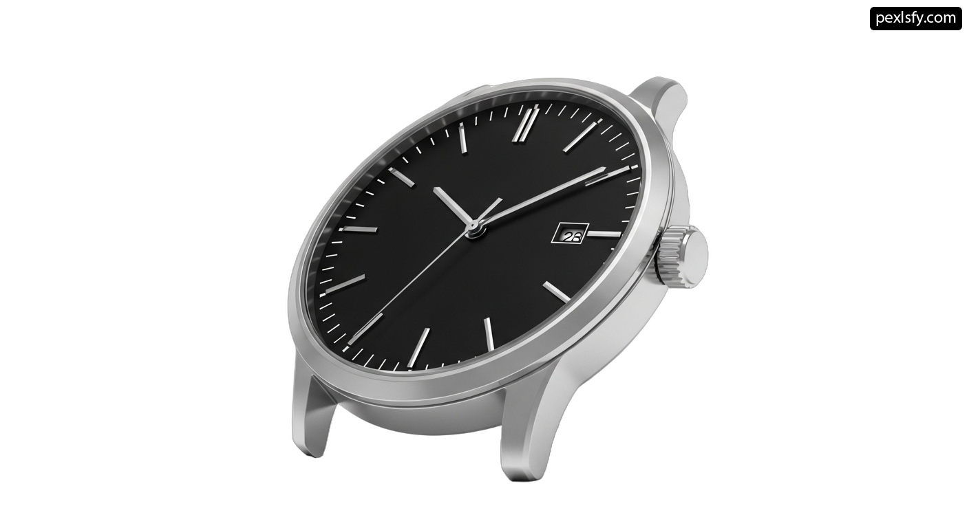 Silver watch with a black face on a white background png transparent background