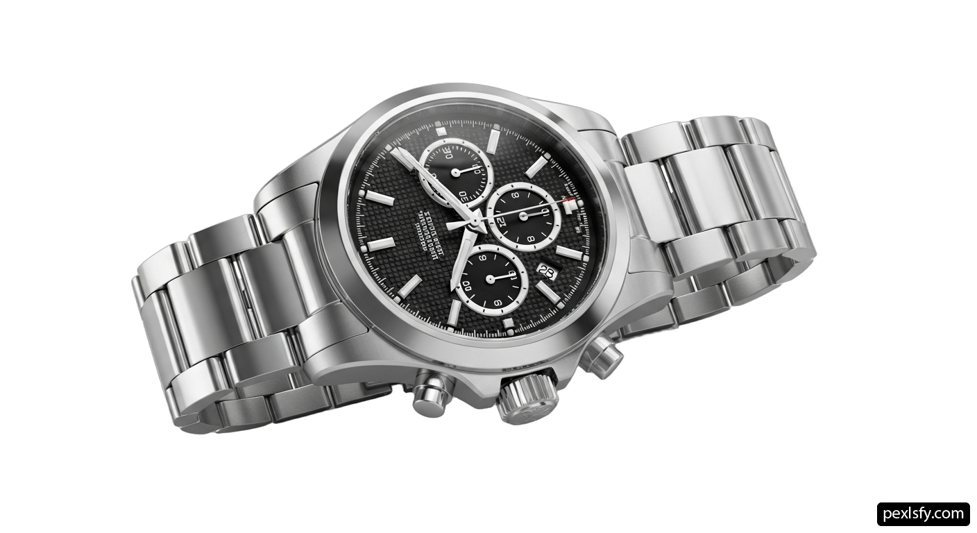 Silver watch with a black face on a white background png transparent background
