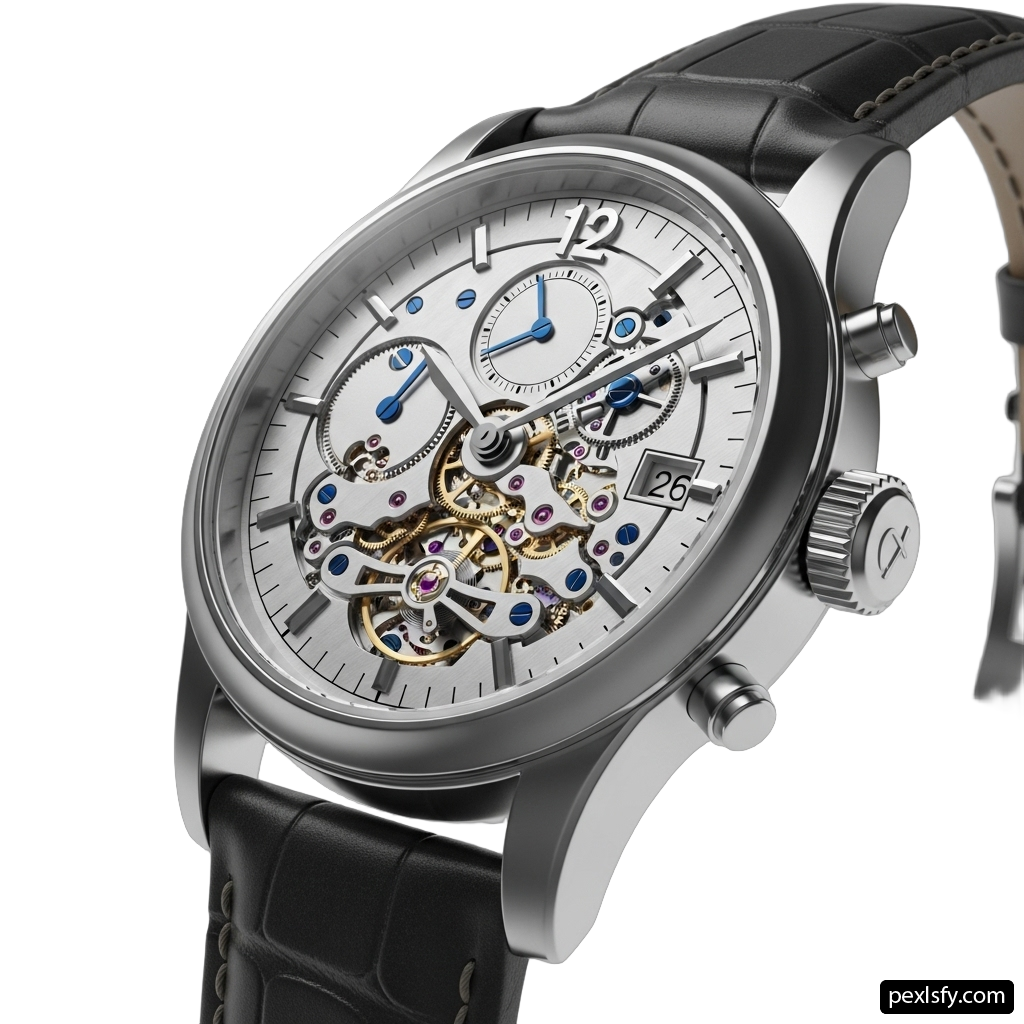 Silver watch with a black strap on a white background png transparent background