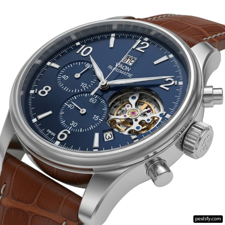 Silver watch with a blue dial and brown leather strap png transparent background