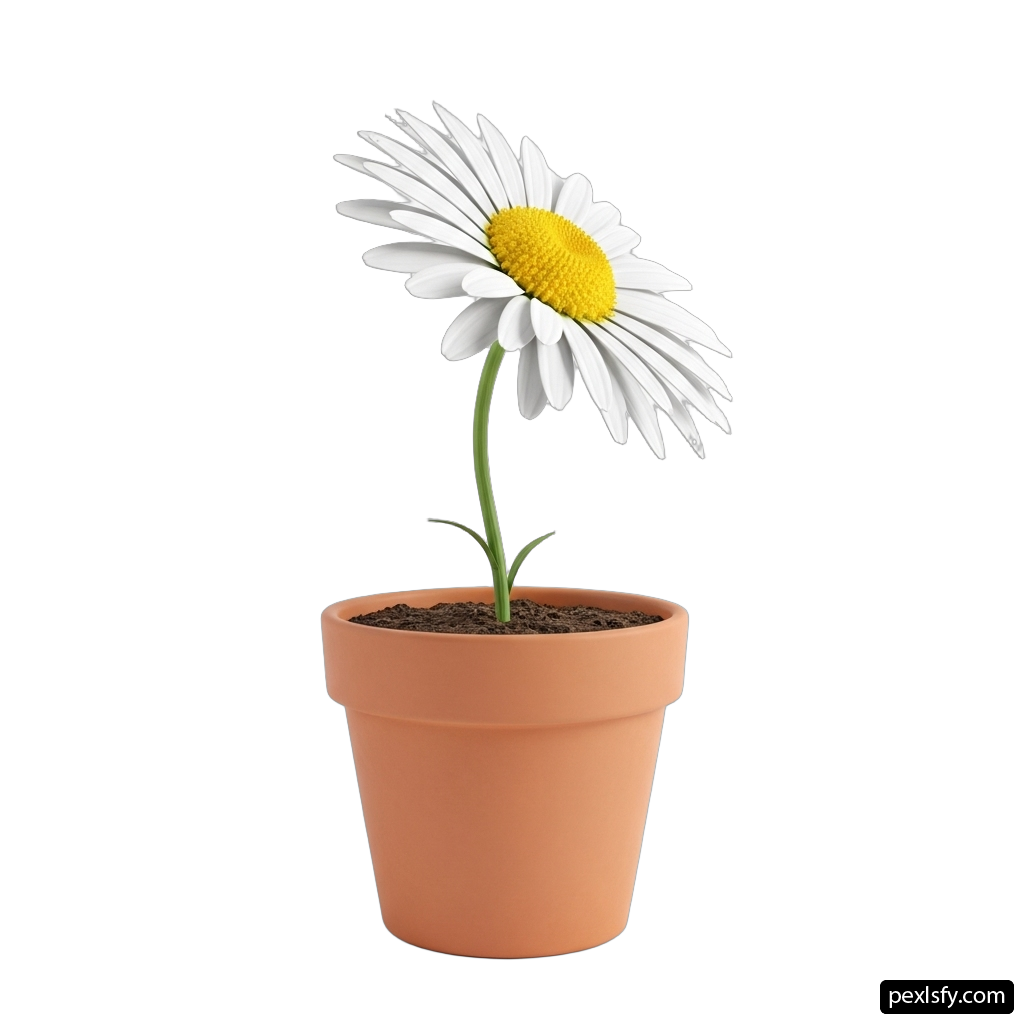 Single daisy in a flower pot on a white background png transparent background