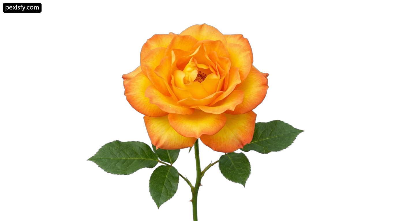 Single orange rose with green leaves on a white background png transparent background